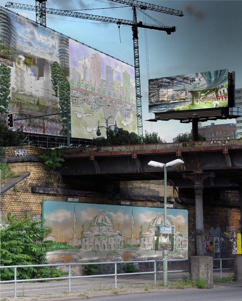Artwork showing all four student pieces on billboard and walls of cityscape scene.