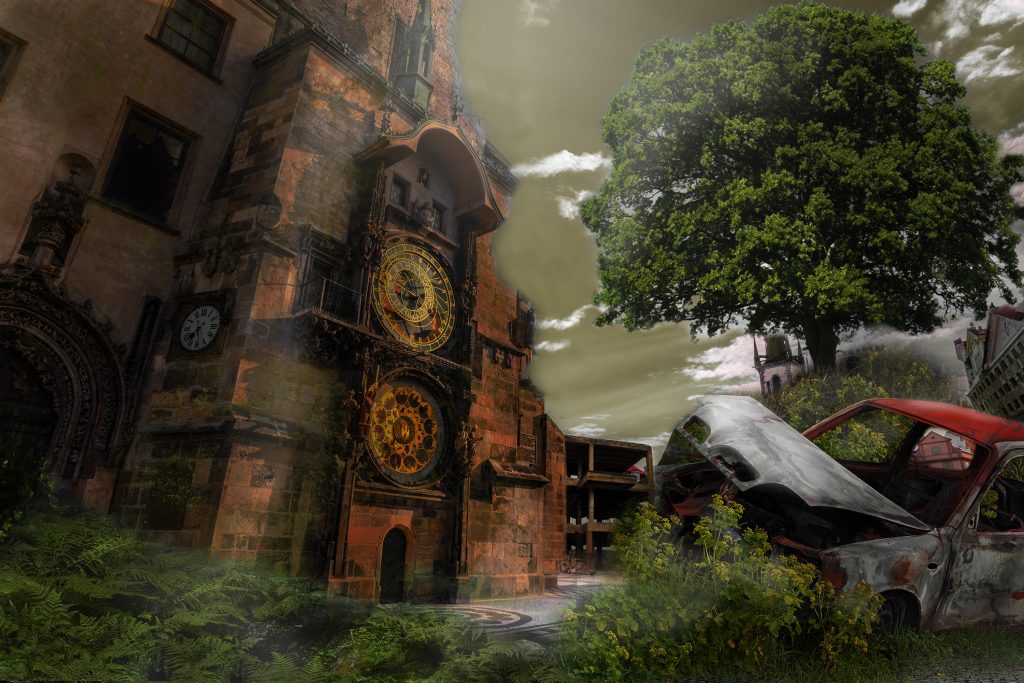 Artwork that shows Prague clock building and a car crashed into a tree.