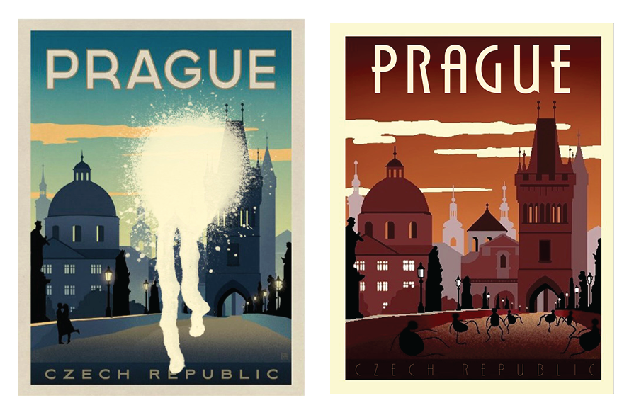 Two posters side by side with 1920s style monochrome skylines of Prague.